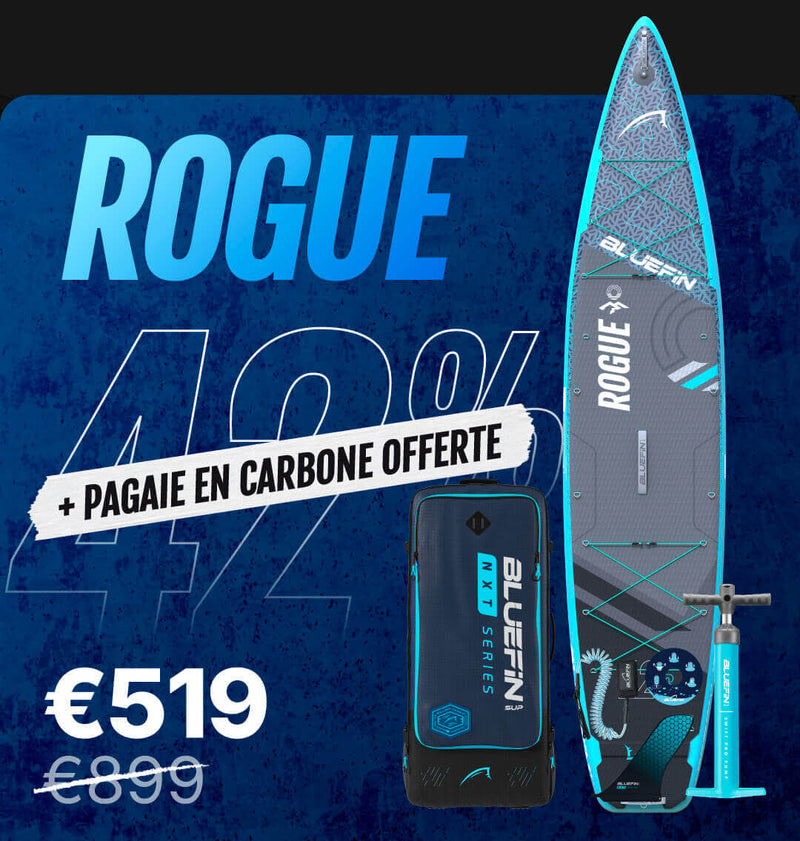 Inflatable paddleboard with blue accents, carrying bag, and pump, showing 42% discount and price €519