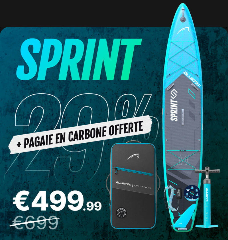 Inflatable paddleboard with blue design, pump, and carrying bag, showing price and discount details