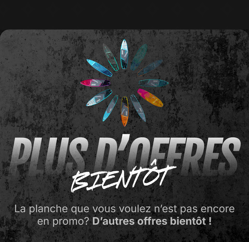 Colorful paddleboards arranged in a circular pattern on a textured gray background with promotional text.