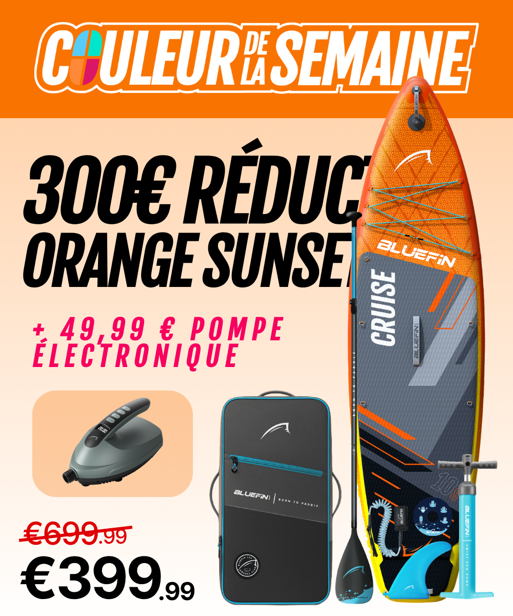 Inflatable paddleboard in orange and blue with center fin, pump, and carrying bag displayed.