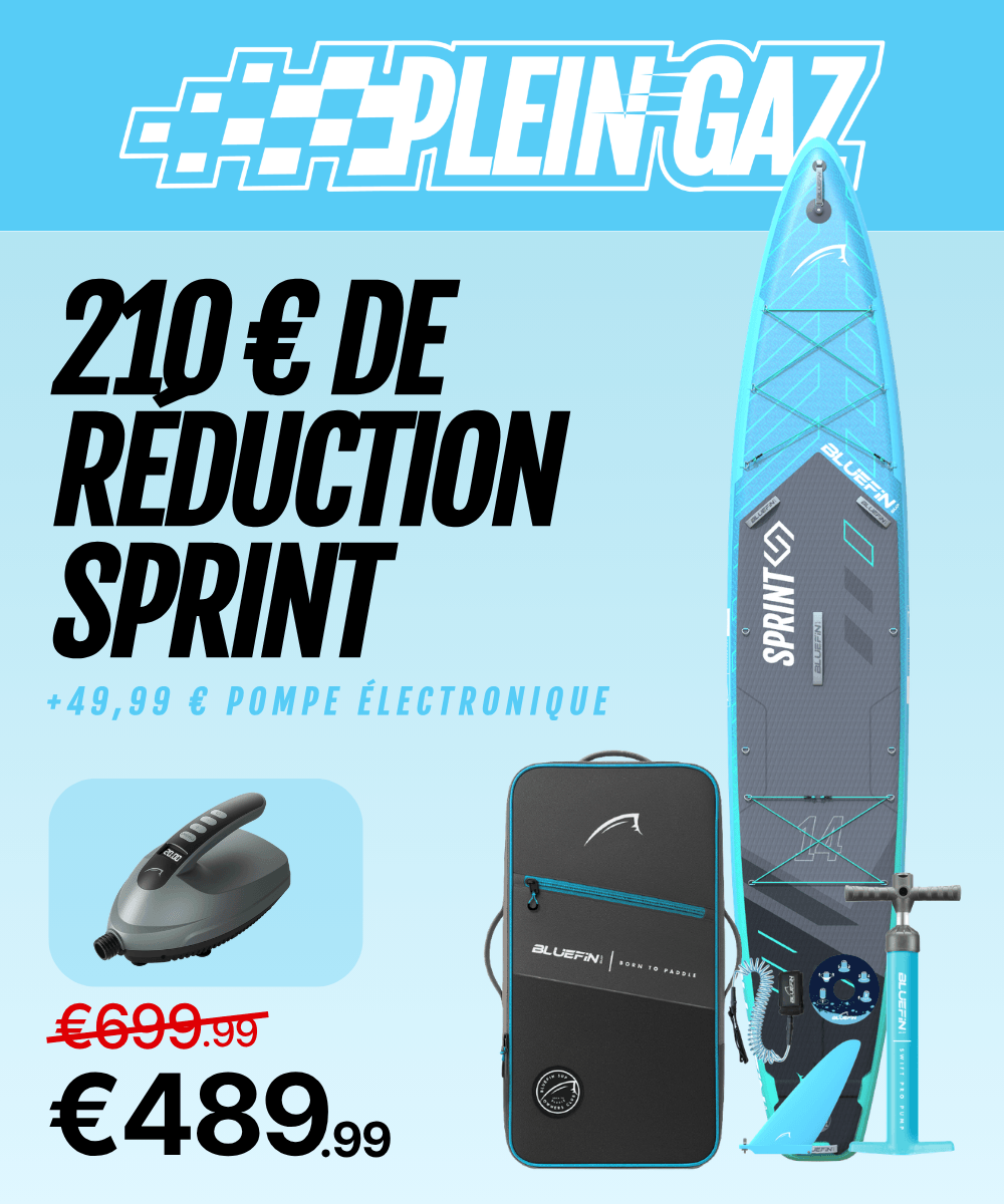 Inflatable paddleboard with blue accents, pump, and carrying bag, showing price reduction details
