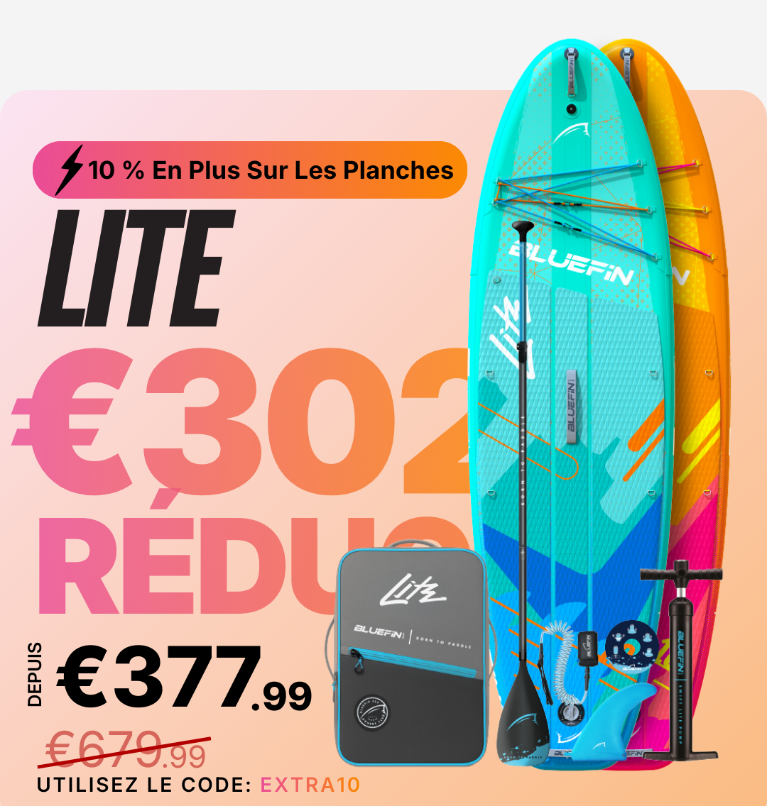 Two inflatable paddleboards in blue and orange, with a paddle and pump, on a gradient background.