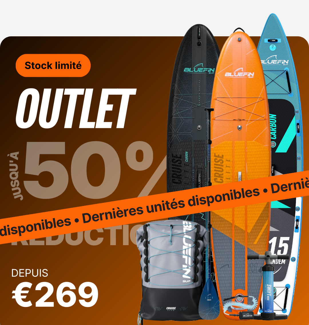 Three inflatable paddleboards in orange, black, and blue with a backpack and water bottle for sale