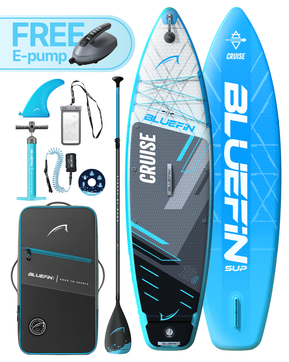 Inflatable paddleboard with blue and gray design, paddle, e-pump, fin, and carrying bag included.