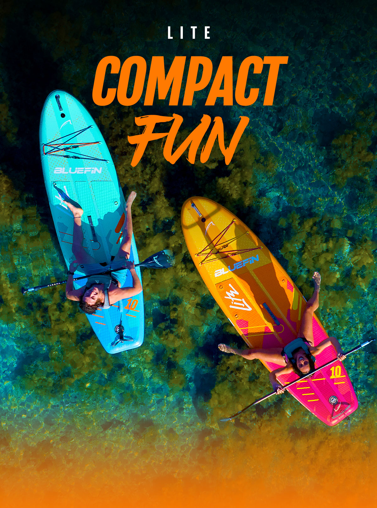 Two paddleboarders on colorful boards, one blue and one orange, floating on clear water.