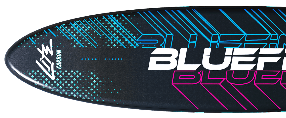 Carbon paddleboard with geometric patterns, blue and pink accents, and large 'BLUEFIN' logo