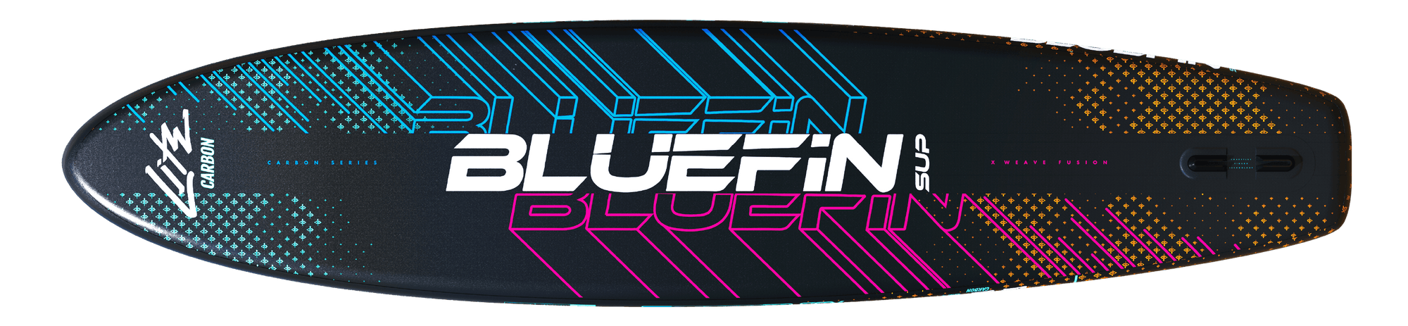 Paddleboard with colorful geometric design, center fin, and inflation valve for water sports.