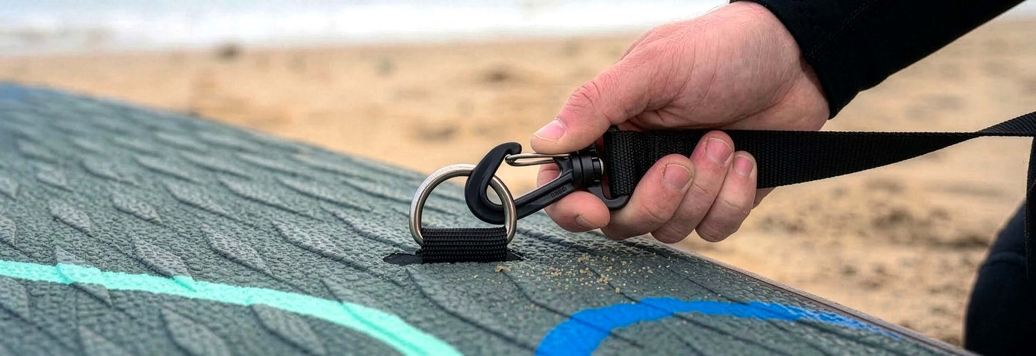 Hand attaching a strap to a D-ring on a textured paddleboard at the beach