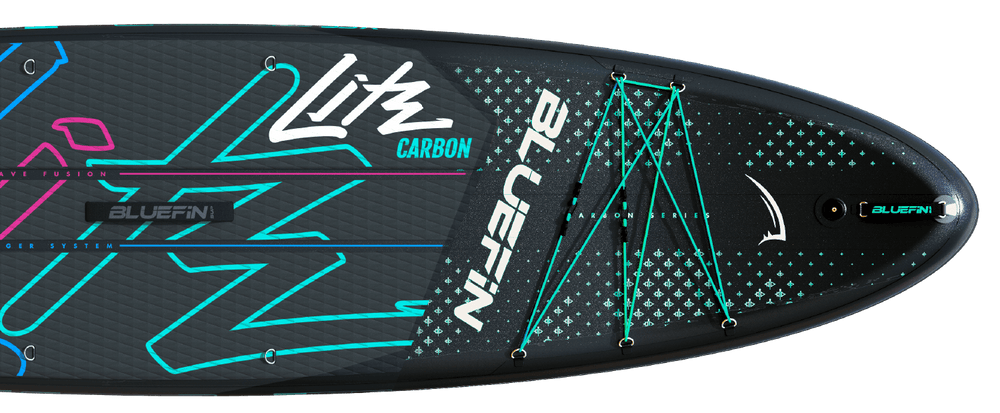 Inflatable paddleboard with colorful graphics, textured deck pad, and bungee cord storage system