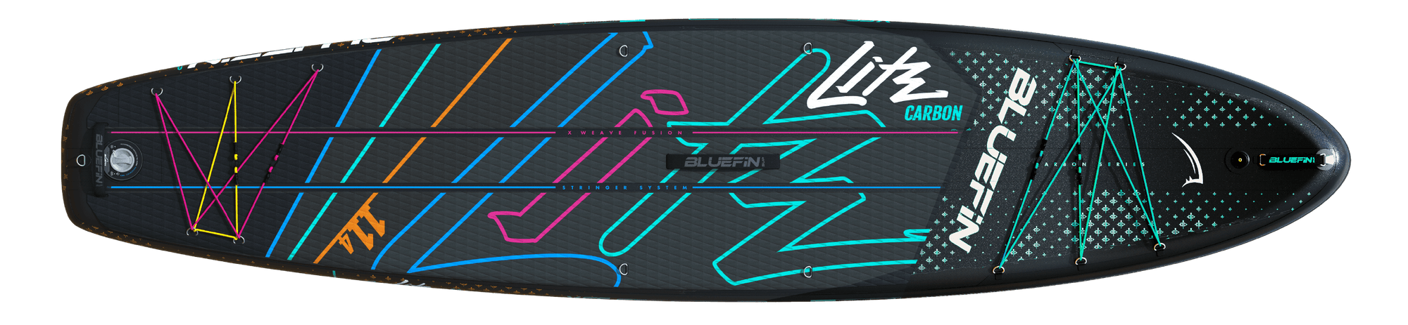 Paddleboard with colorful graphics, textured deck pad, and multiple attachment points for accessories