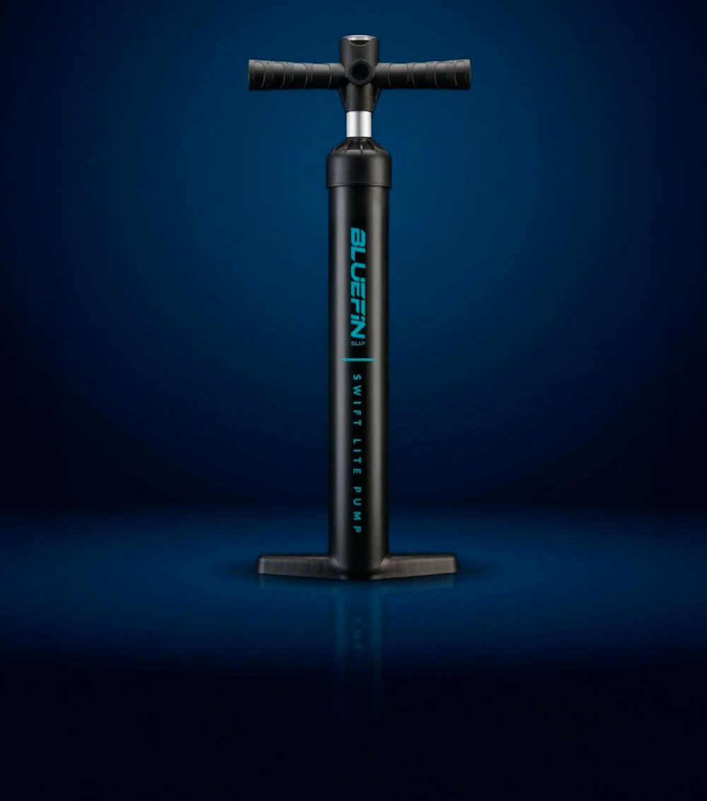 Black Bluefin Swift Lite Pump with a T-handle and base, designed for inflating paddleboards