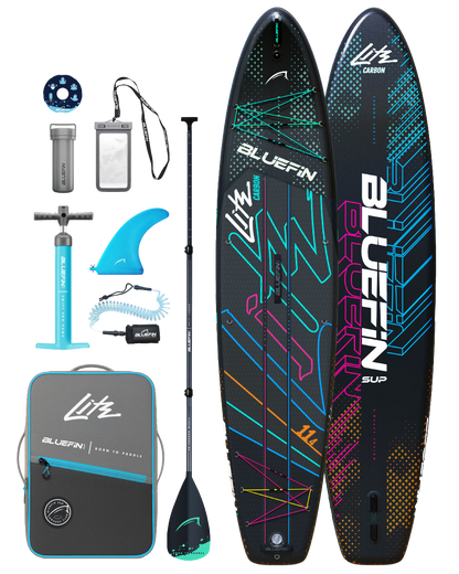 Lite Carbon inflatable paddleboard kit with paddle, pump, fin, leash, carry bag and accessories