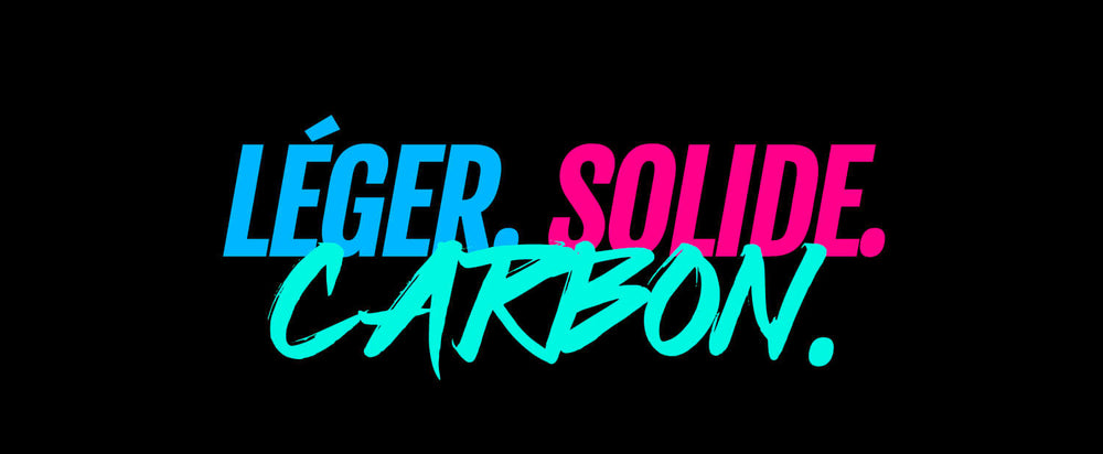 Text design featuring the words LÉGER, SOLIDE, and CARBON in blue, pink, and turquoise on a black background
