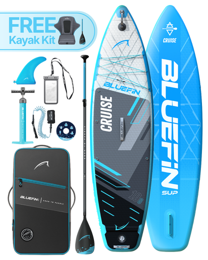 Inflatable paddleboard with blue and gray design, kayak kit, paddle, pump, and accessories included.