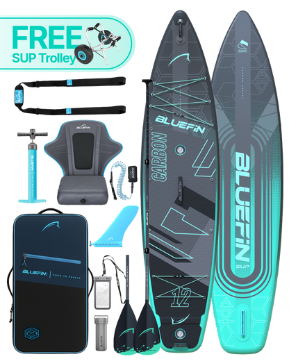 Inflatable paddleboard with accessories including a seat, pump, paddles, and a trolley for transport