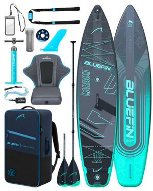 Inflatable paddleboard with accessories including paddles, pump, seat, and carrying bag in blue and gray.