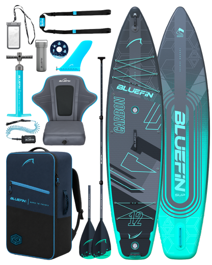 Inflatable paddleboard with accessories including paddles, pump, seat, and carrying bag in blue and gray.