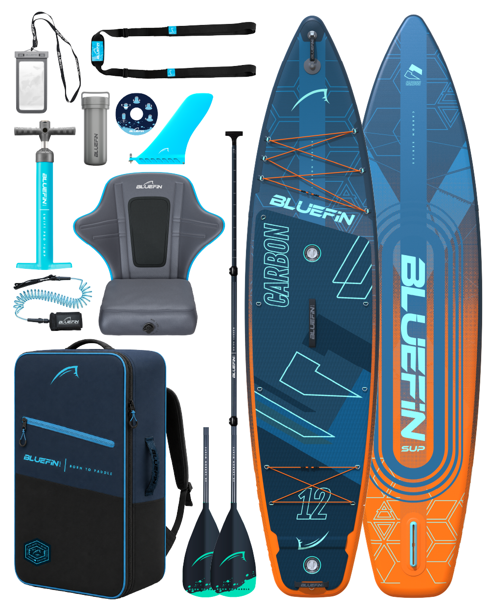Inflatable paddleboard with accessories including paddle, pump, seat, and backpack in blue and orange colors.