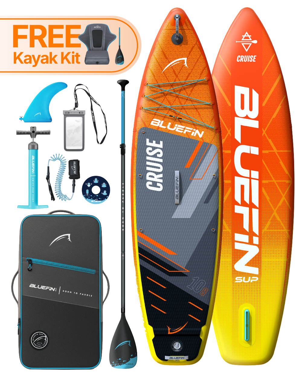 Inflatable paddleboard with orange and gray design, kayak kit, paddle, pump, and accessories included.