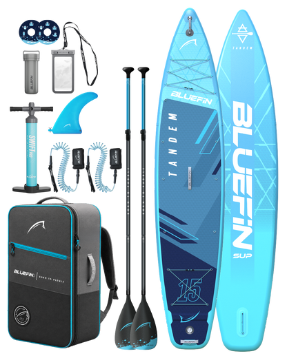 Pack de SUP gonflable Tandem de 15 pieds avec planches, pagaies, pompe, ailerons, leashs, sac étanche et sac à dos ; avant et