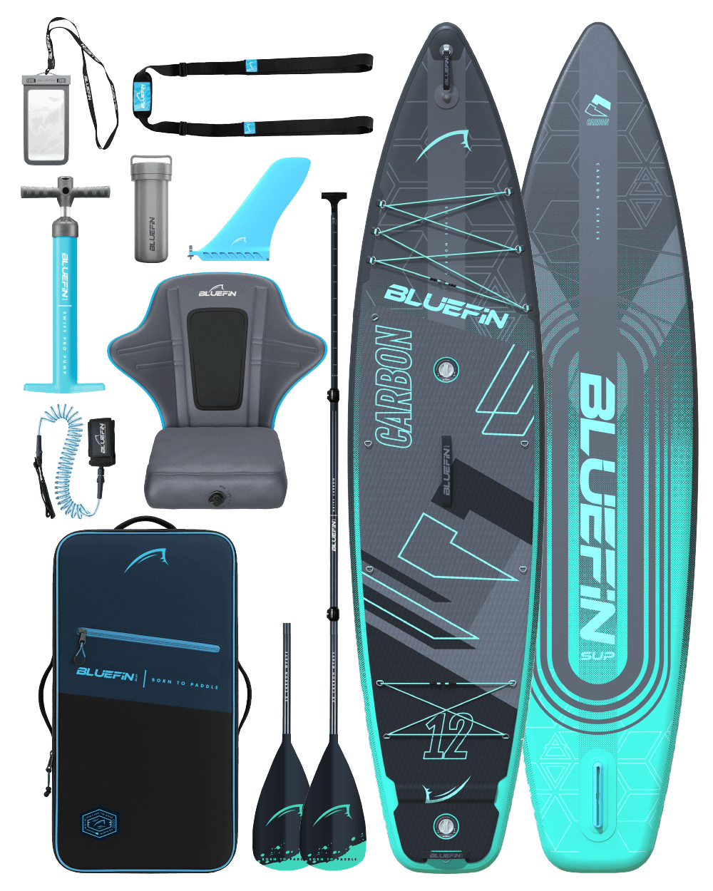 Inflatable paddleboard with accessories including a pump, paddle, seat, and carrying bag in blue and gray.