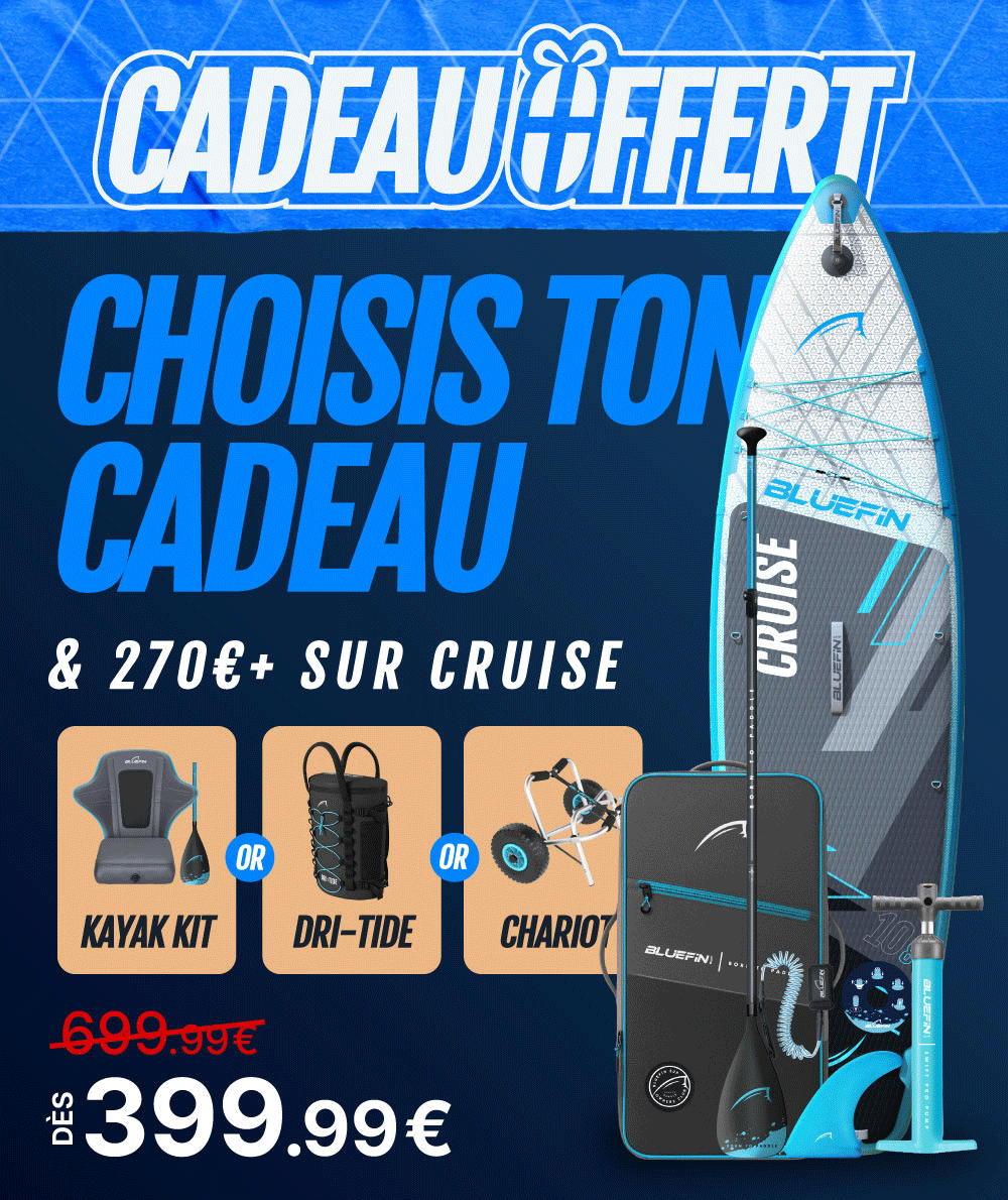 Inflatable paddleboard with accessories, promotional text, and price details in blue and gray colors
