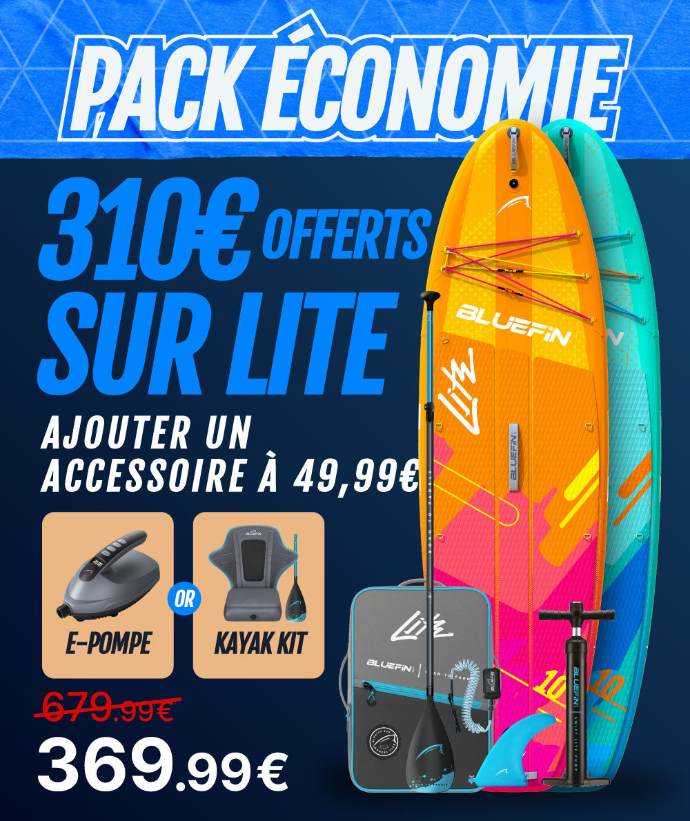 Inflatable paddleboard with colorful design, fin, paddle, pump, and kayak kit options displayed.