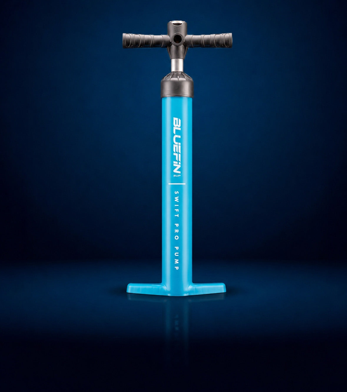 Bluefin Swift Pro Pump in bright blue with a T-shaped handle and base on a dark background