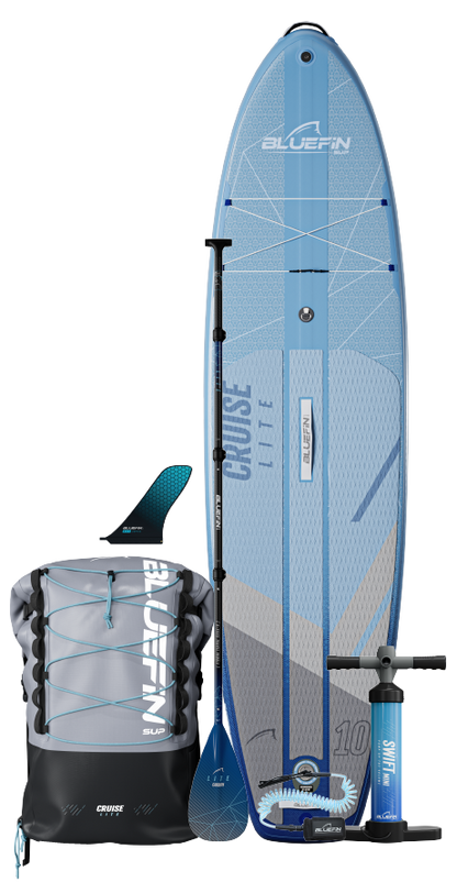 Inflatable paddleboard with blue design, paddle, pump, backpack, and center fin for easy transport.