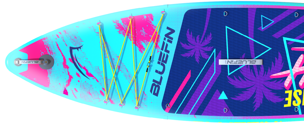 Inflatable paddleboard featuring vibrant blue and pink design, textured deck pad, and center fin.