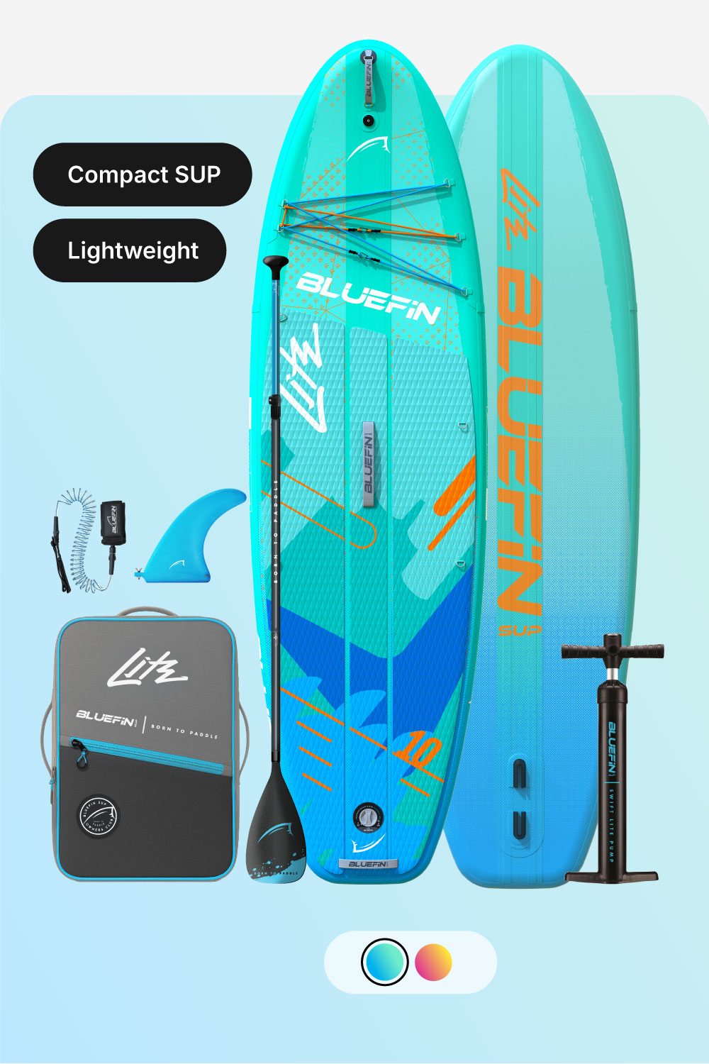 Inflatable paddleboard in turquoise with paddle, fin, pump, and carrying bag for easy transport