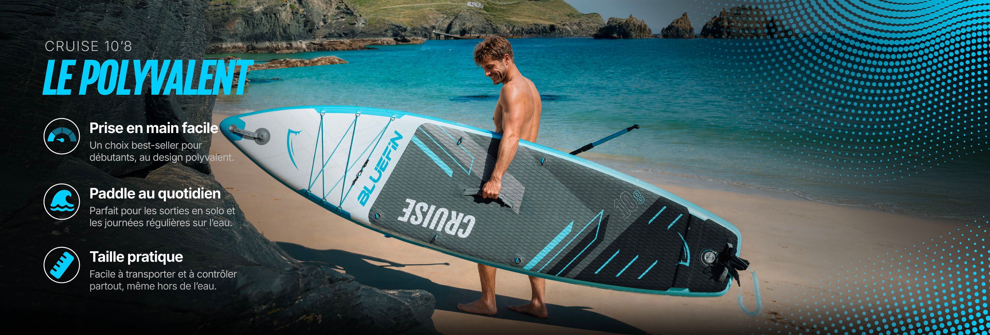 Inflatable paddleboard on beach, featuring textured deck, center fin, and carrying handle
