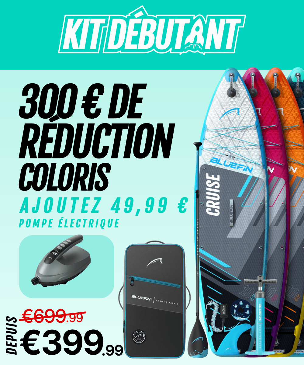 Three inflatable paddleboards in blue, orange, and pink with a pump and carrying bag displayed.