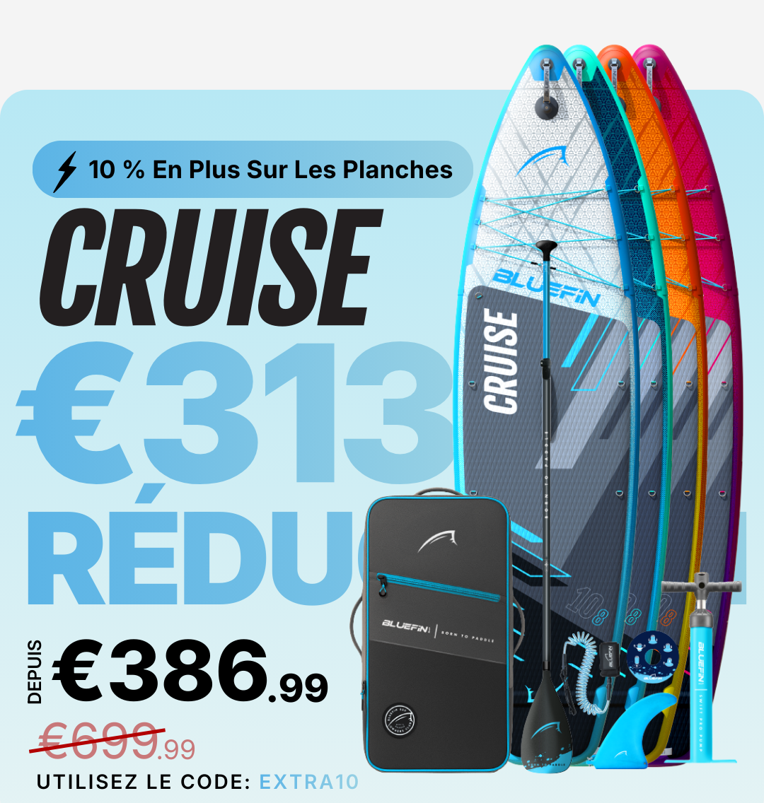 Three inflatable paddleboards in blue, orange, and pink with a paddle and pump beside a carrying bag