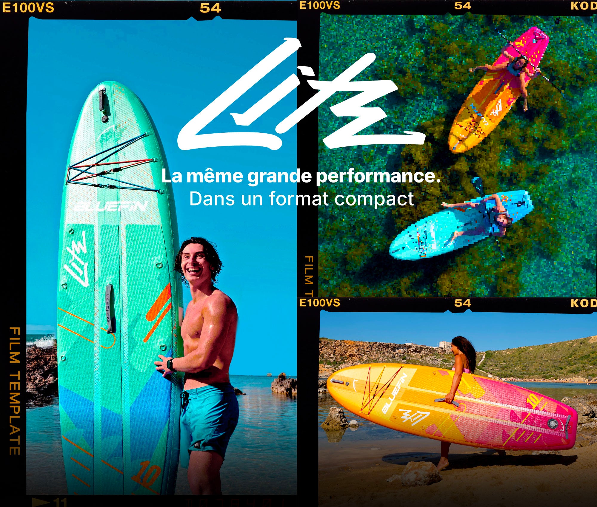Three paddleboards: a green one held by a man, a pink one on the beach, and a blue one with a woman paddling.